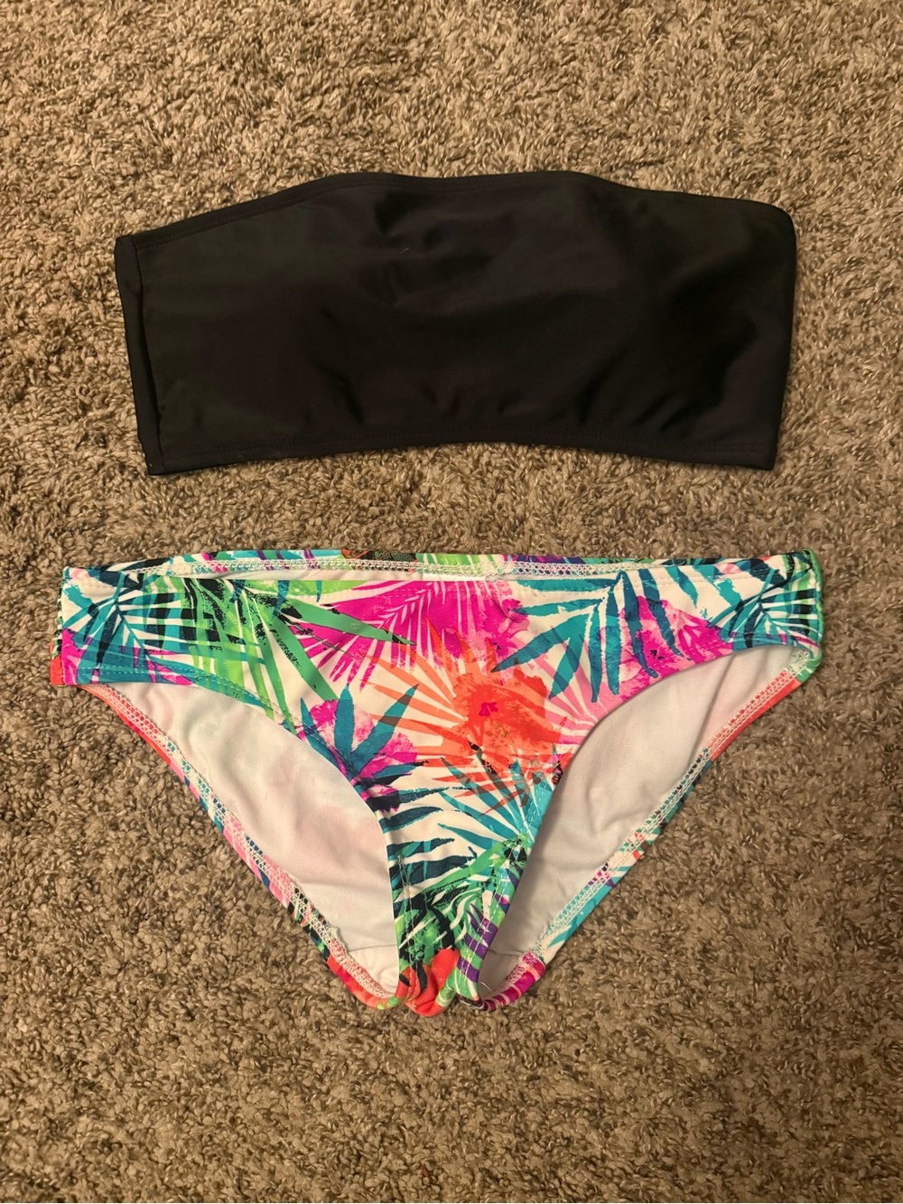 Catalina Tropical Print Bikini Bottoms with Black Accent & Black Strapless Top